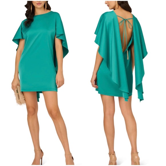 Liv Foster NWT Teal Green Satin Open Back Mini Cape Dress - Picture 1 of 7